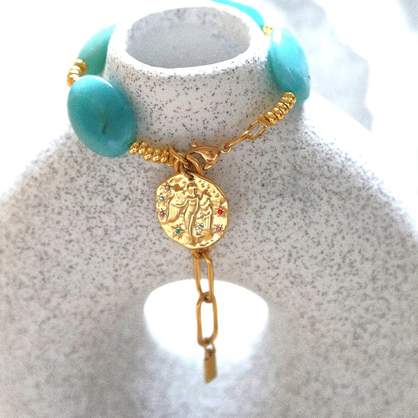 Bracelet Talisman pierre totem Amazonite- Médaille Vierge