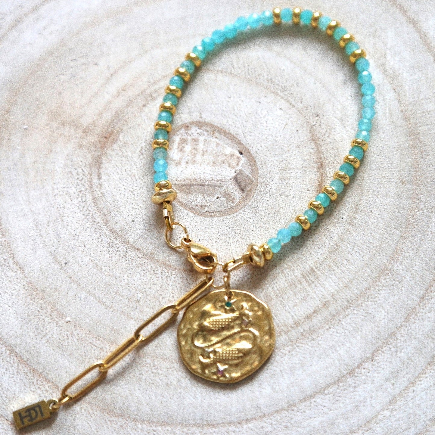 Bracelet Talisman pierre totem Aigue-Marine- Médaille Poisson