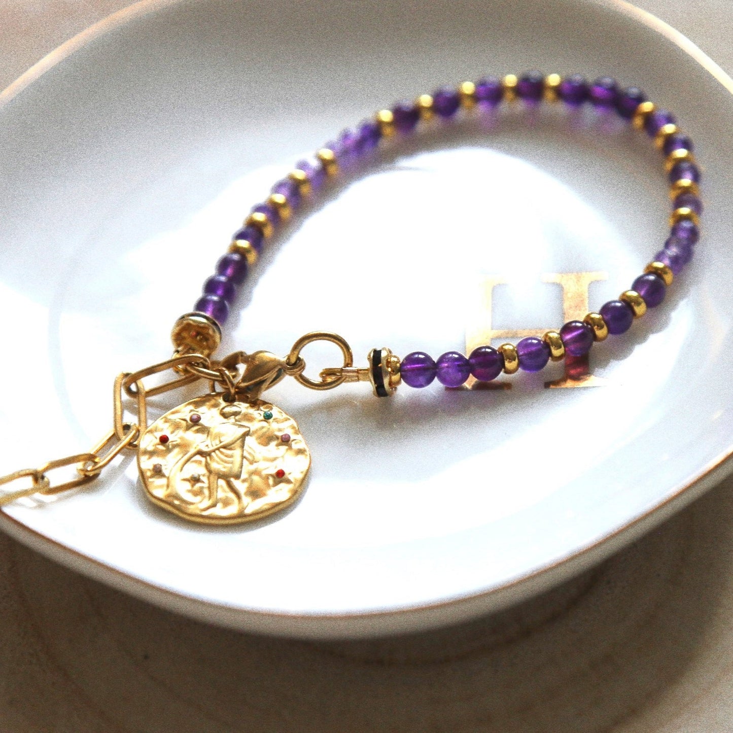 Bracelet Talisman pierre totem Améthyste - Médaille Verseau