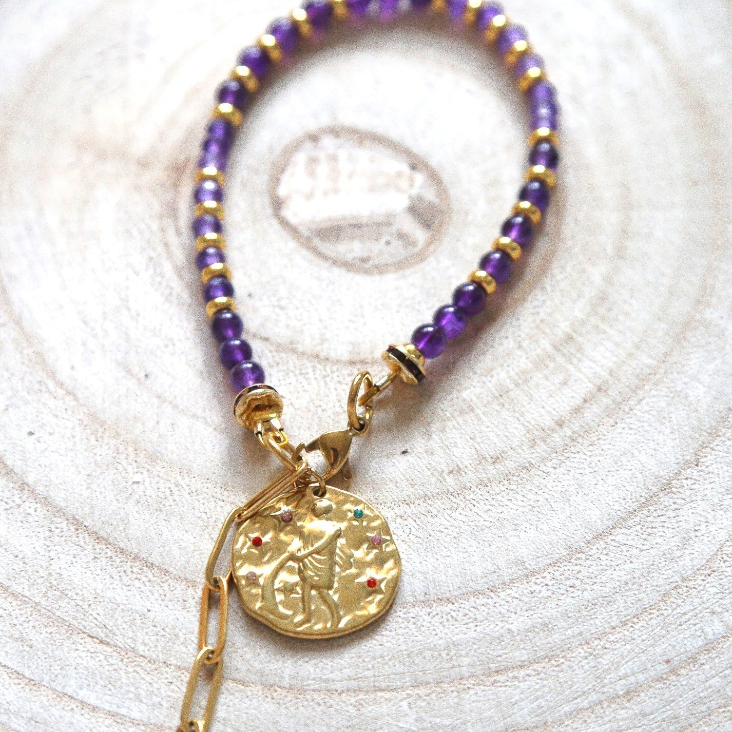 Bracelet Talisman pierre totem Améthyste - Médaille Verseau