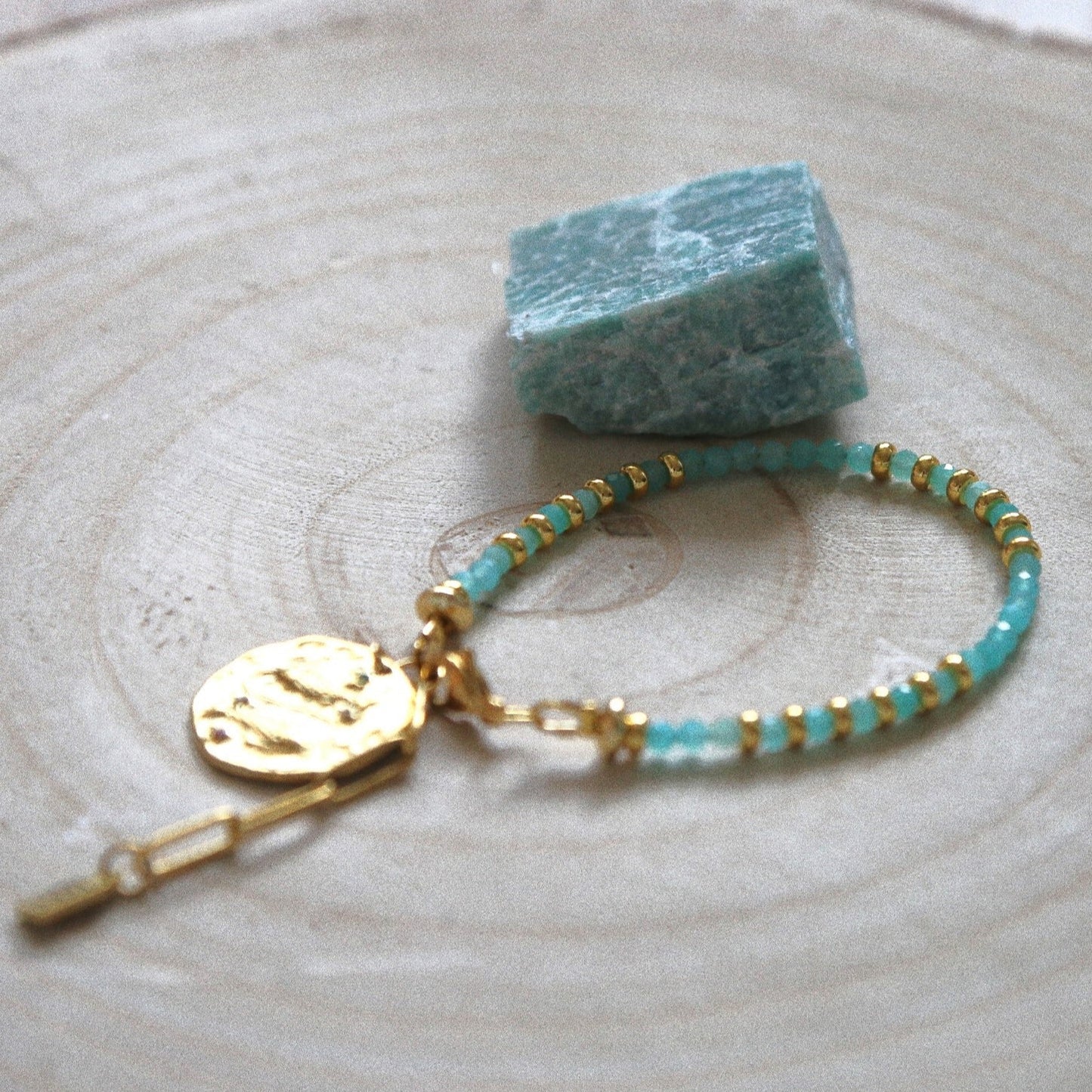 Bracelet Talisman pierre totem Aigue-Marine- Médaille Poisson