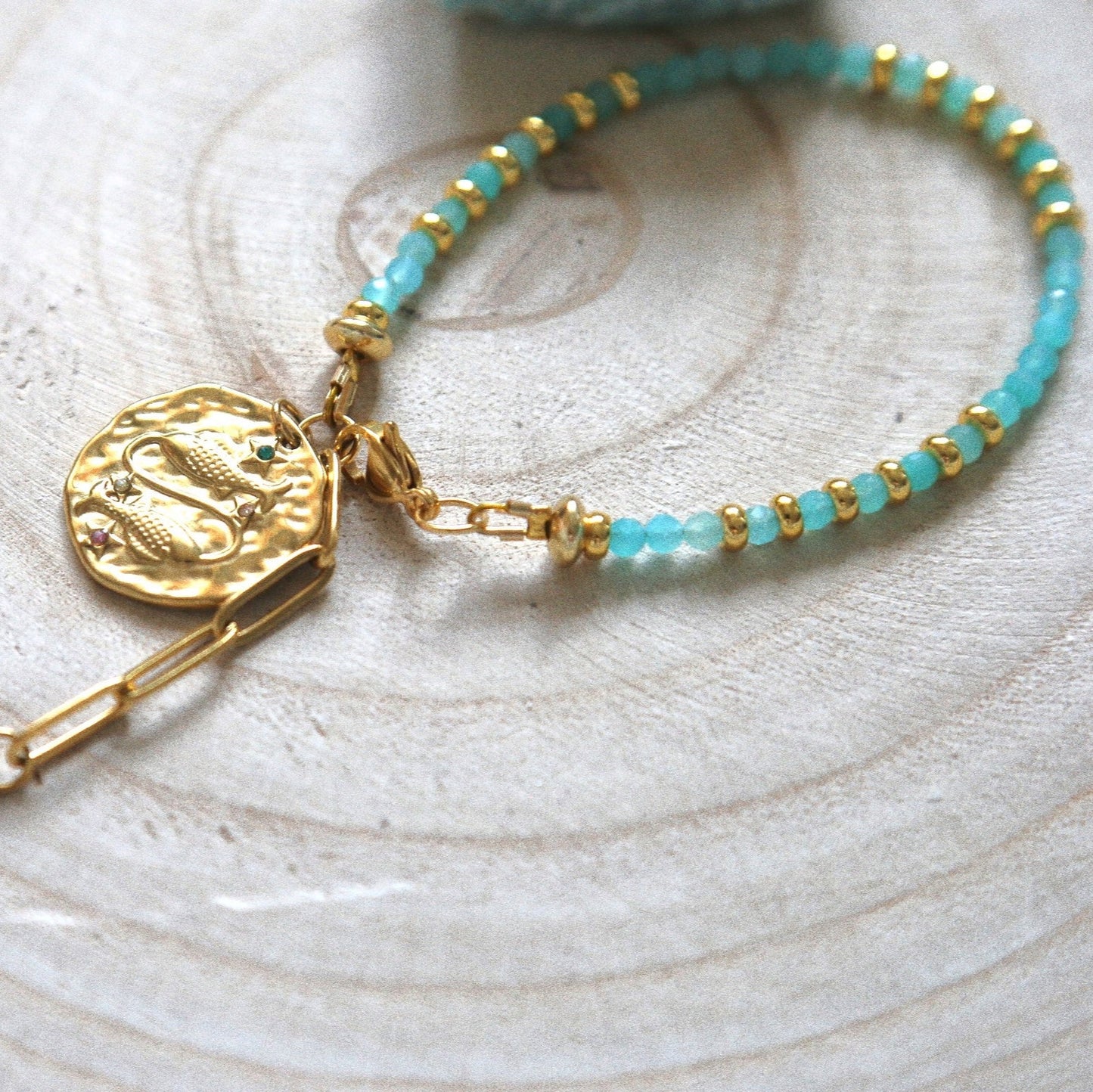 Bracelet Talisman pierre totem Aigue-Marine- Médaille Poisson