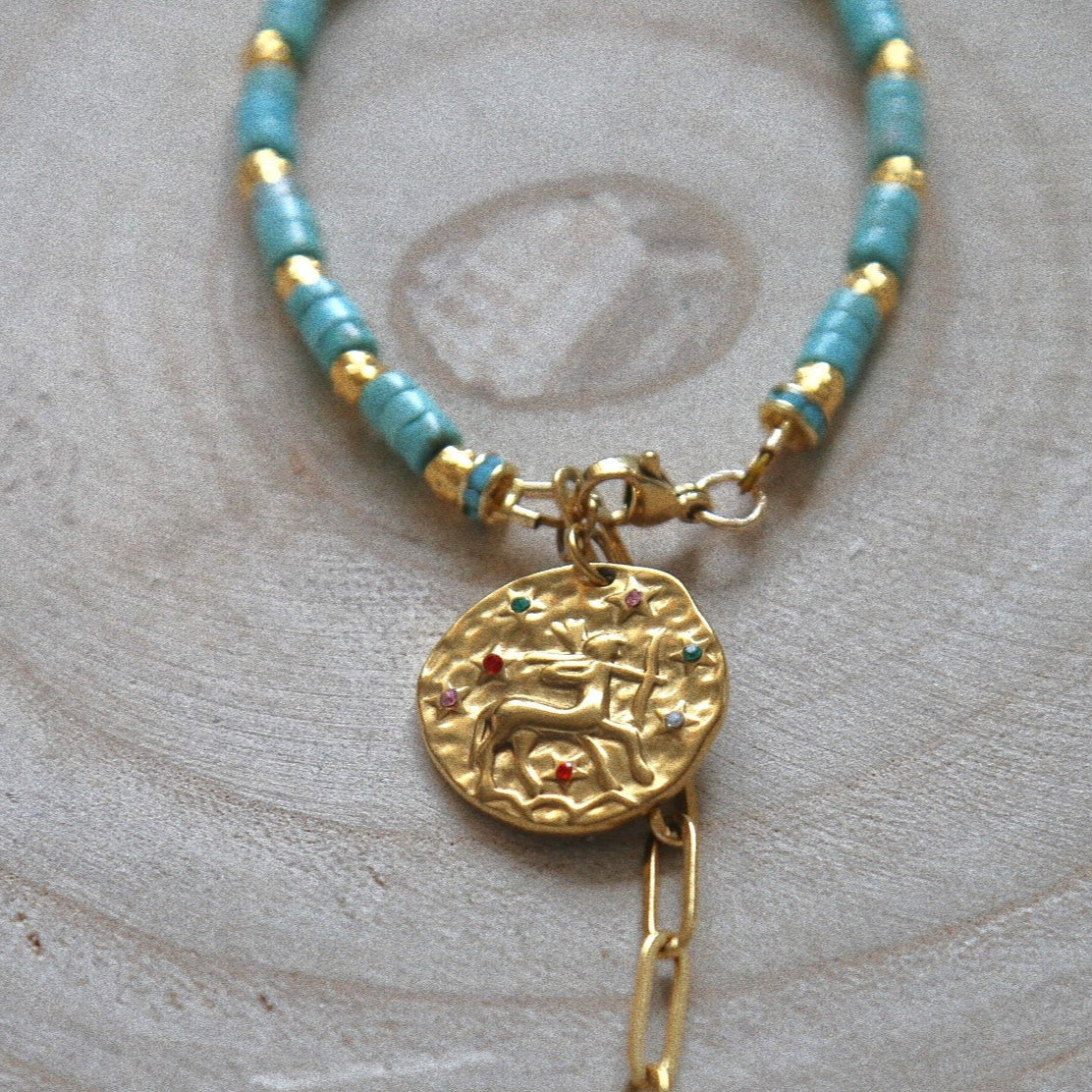 Bracelet Talisman pierre totem Turquoise- Médaille Sagittaire