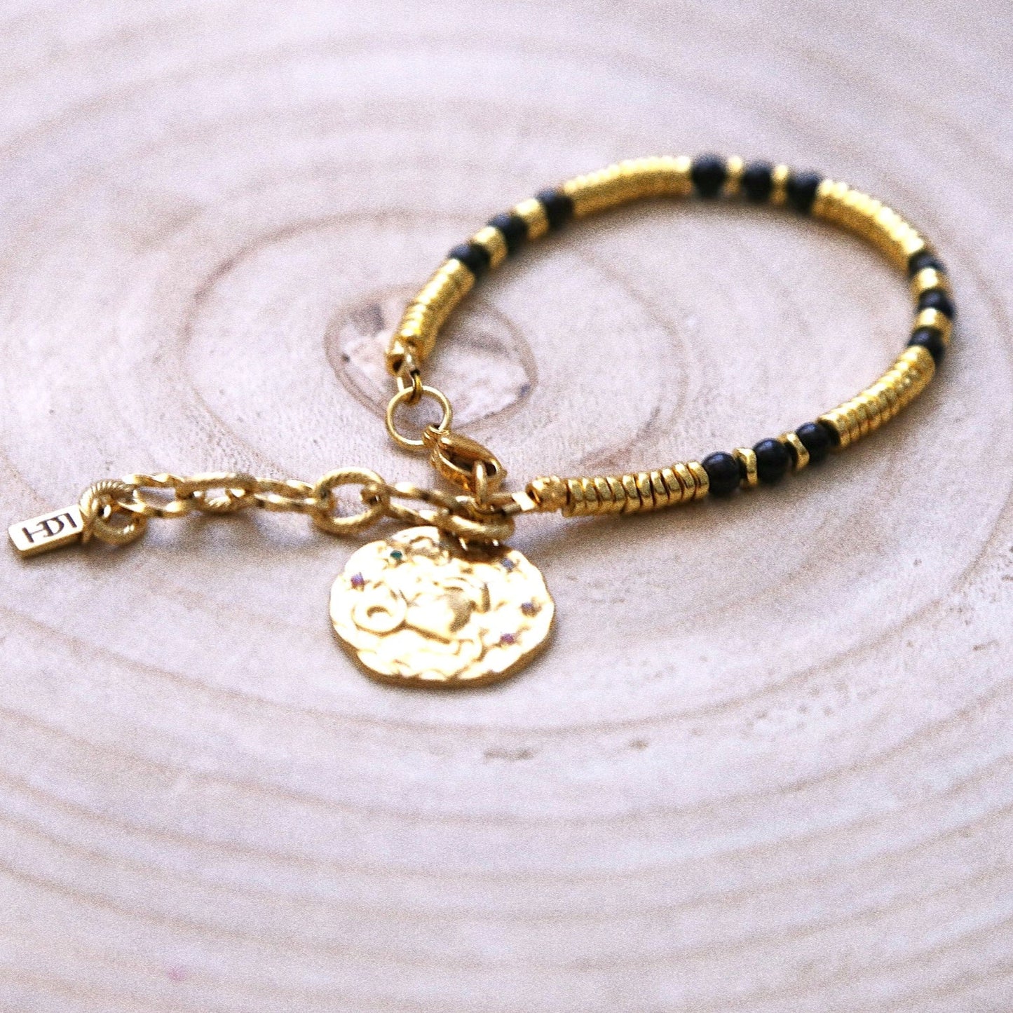 Bracelet talisman pierre totem onyx noir - Médaille Capricorne