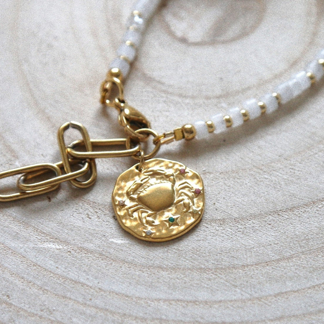 Bracelet Talisman pierre totem Pierre de Lune - Médaille Cancer