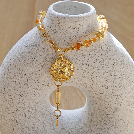 Bracelet Talisman pierre totem Citrine - Médaille Lion