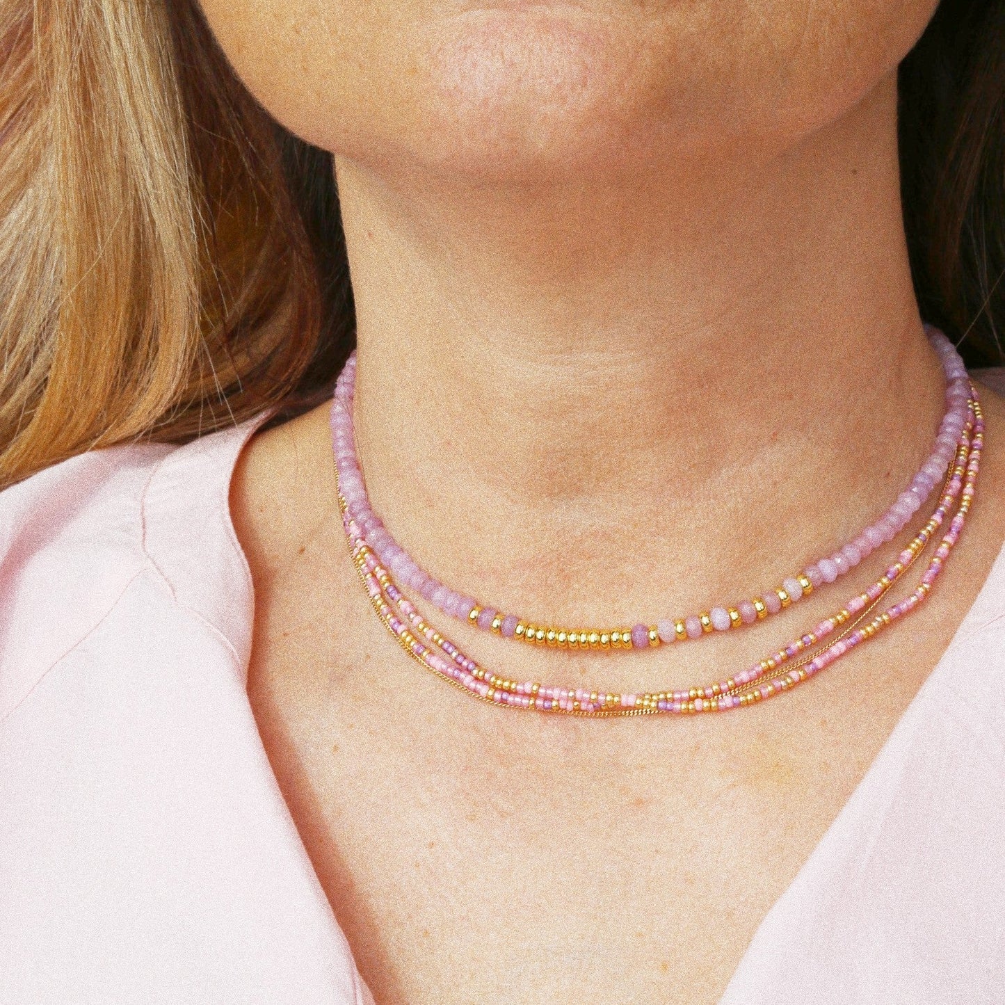 bracelet 5 tours ou ras de cou " Seconde peau" Rose & violet