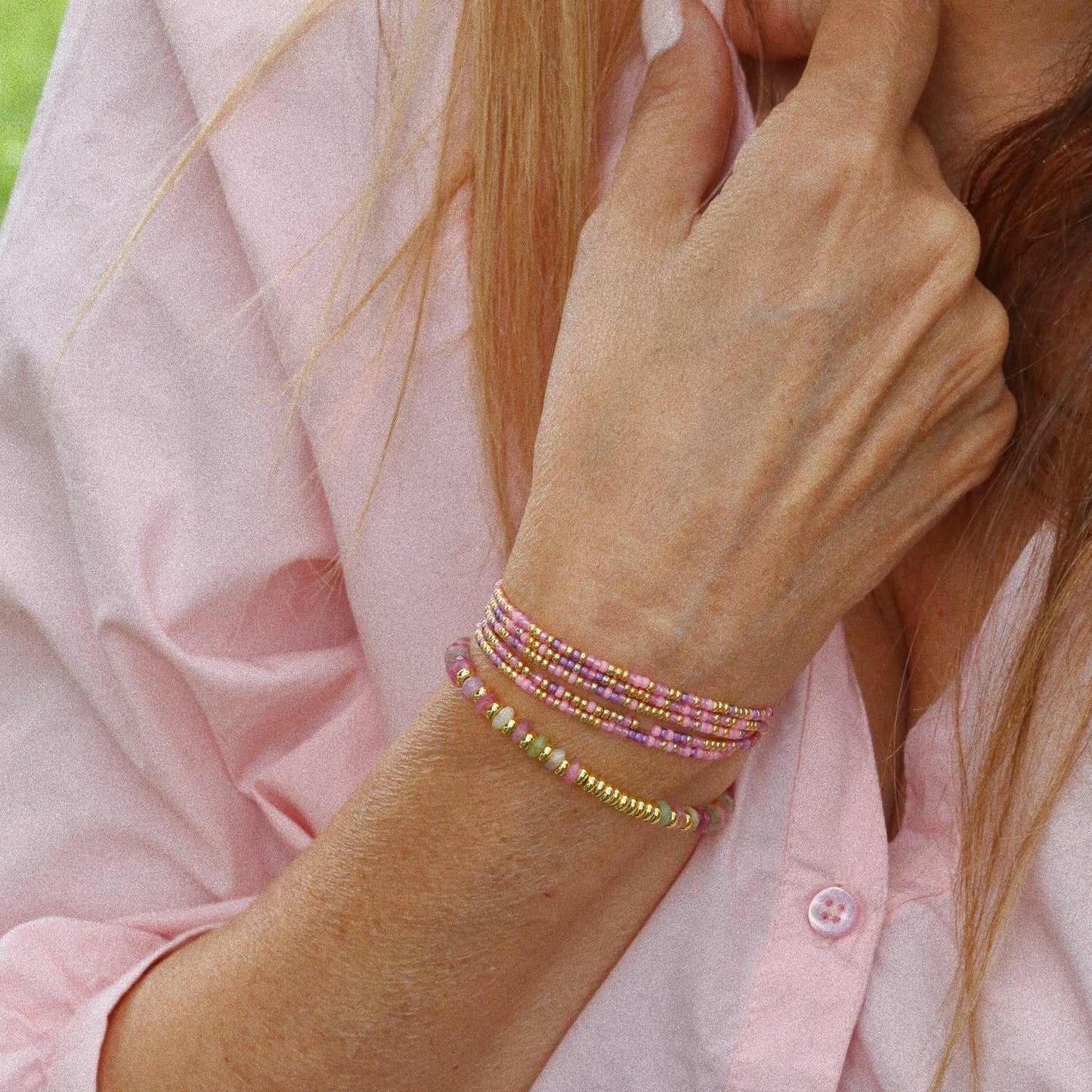 bracelet 5 tours ou ras de cou " Seconde peau" Rose & violet