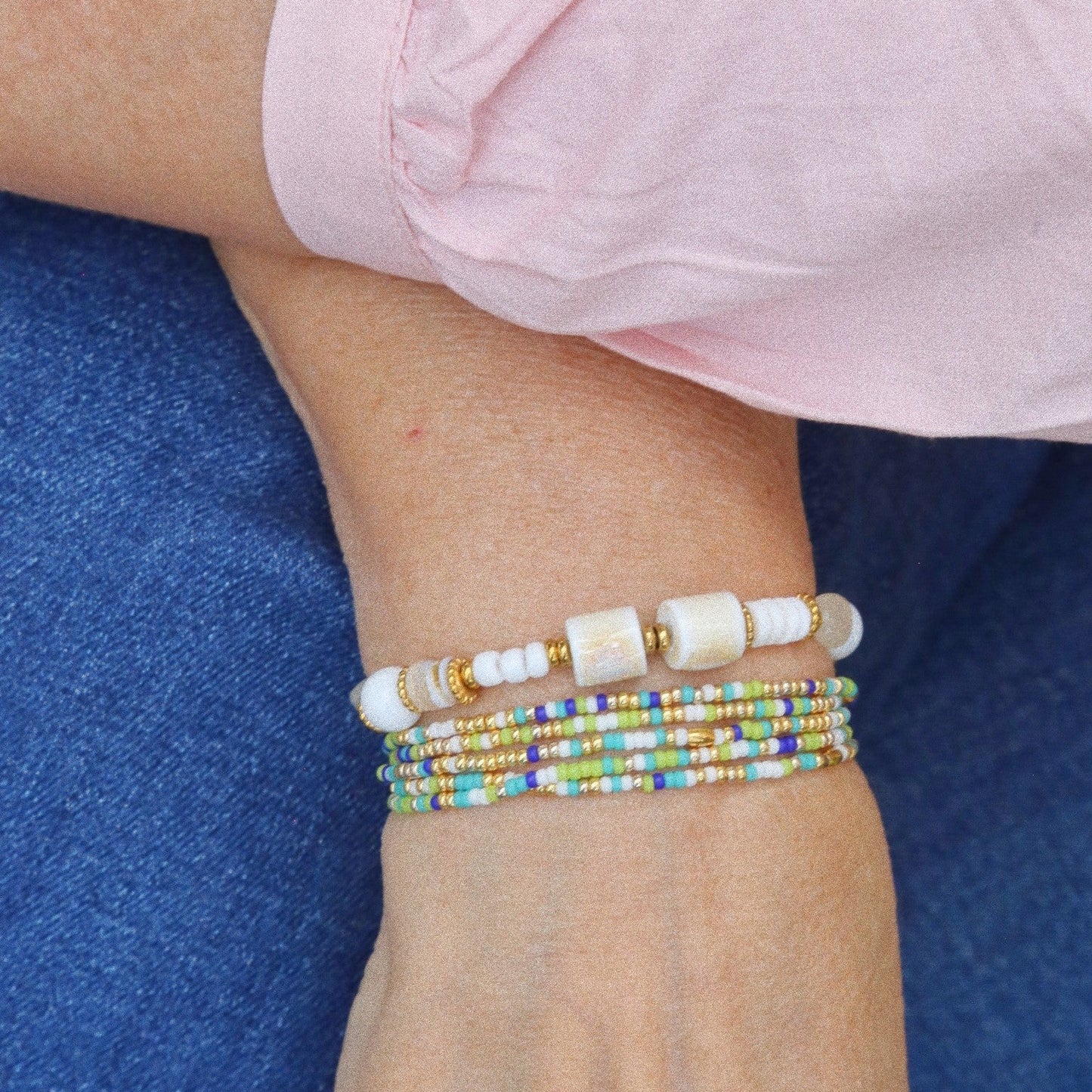 Bracelet 5 tours / Ras de cou “Seconde Peau” – Bleu Vert