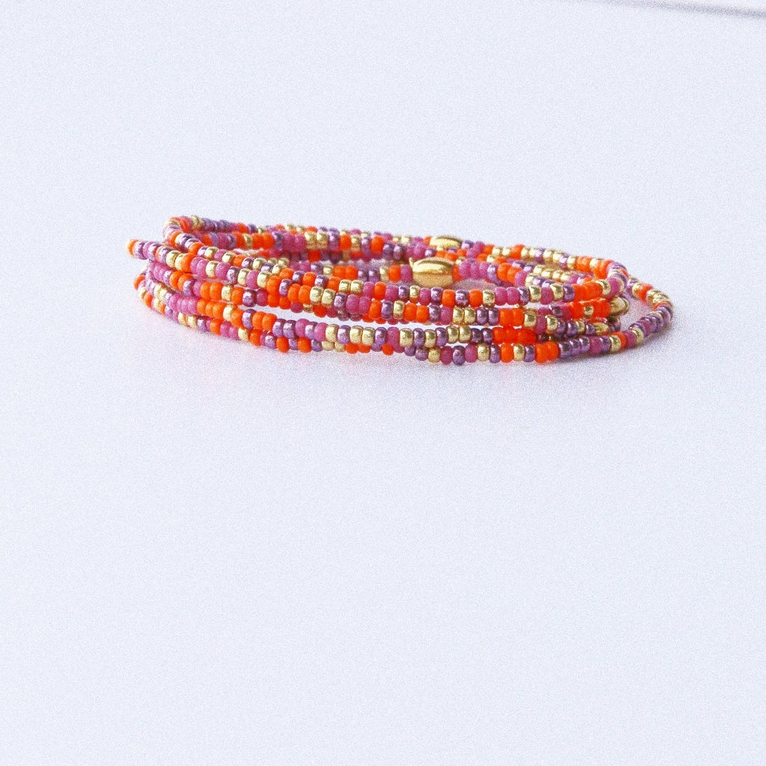 Bracelet 5 tours ou ras de cou "seconde peau" orange & lilas