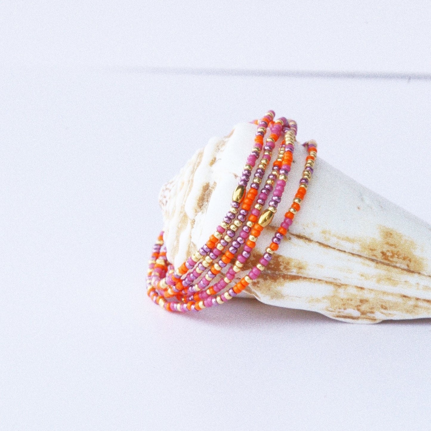 Bracelet 5 tours ou ras de cou "seconde peau" orange & lilas
