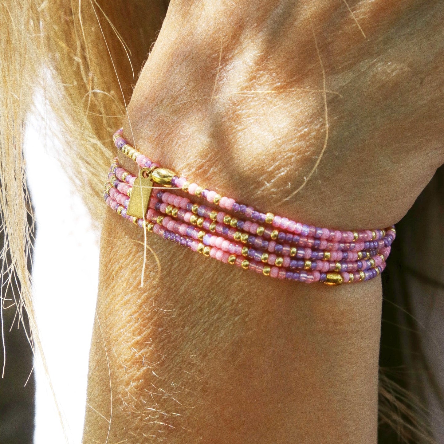 bracelet 5 tours ou ras de cou " Seconde peau" Rose & violet