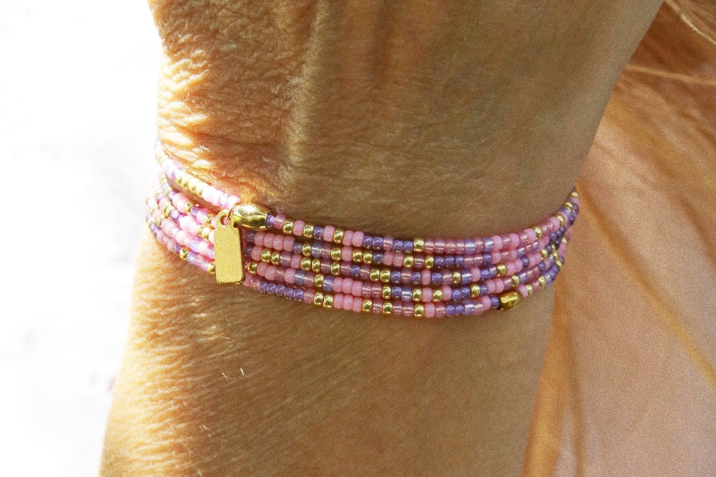 bracelet 5 tours ou ras de cou " Seconde peau" Rose & violet