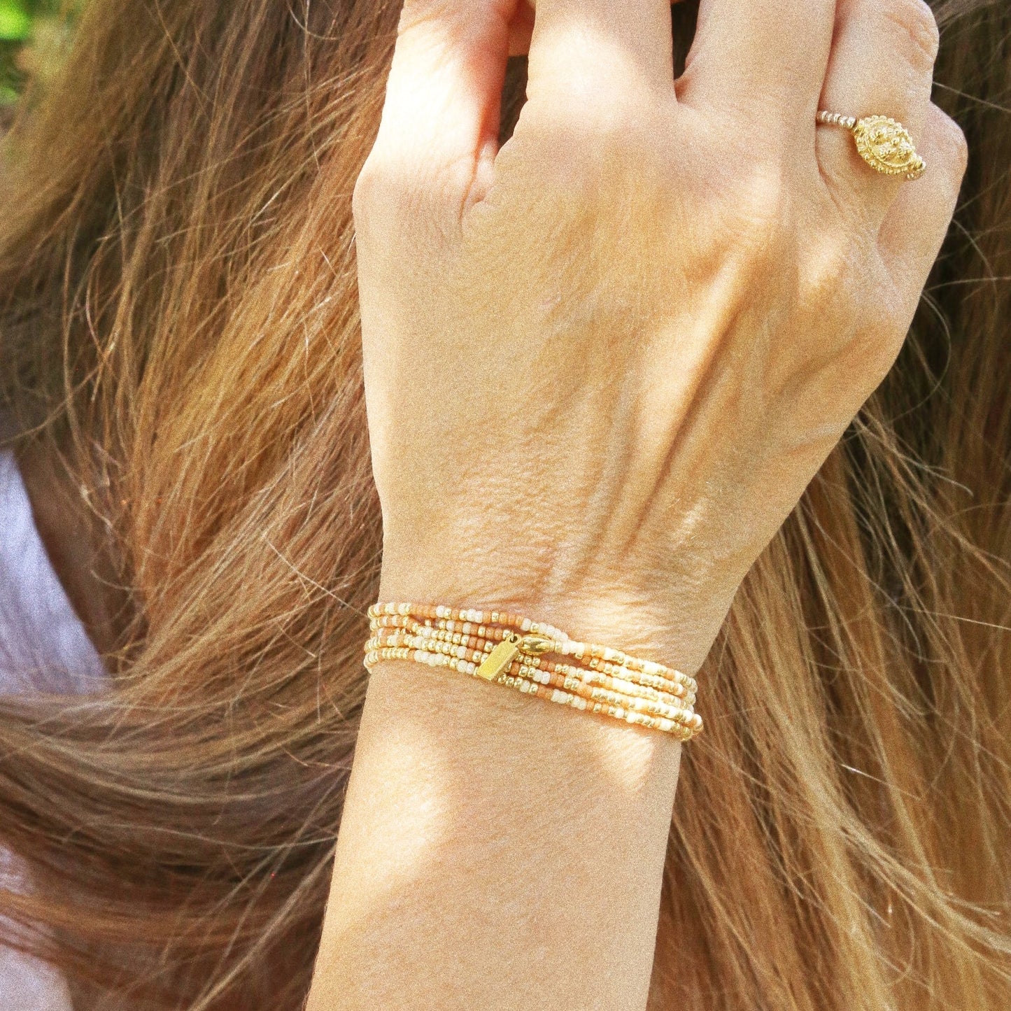bracelet 5 tours ou ras de cou "seconde peau" beige & marron
