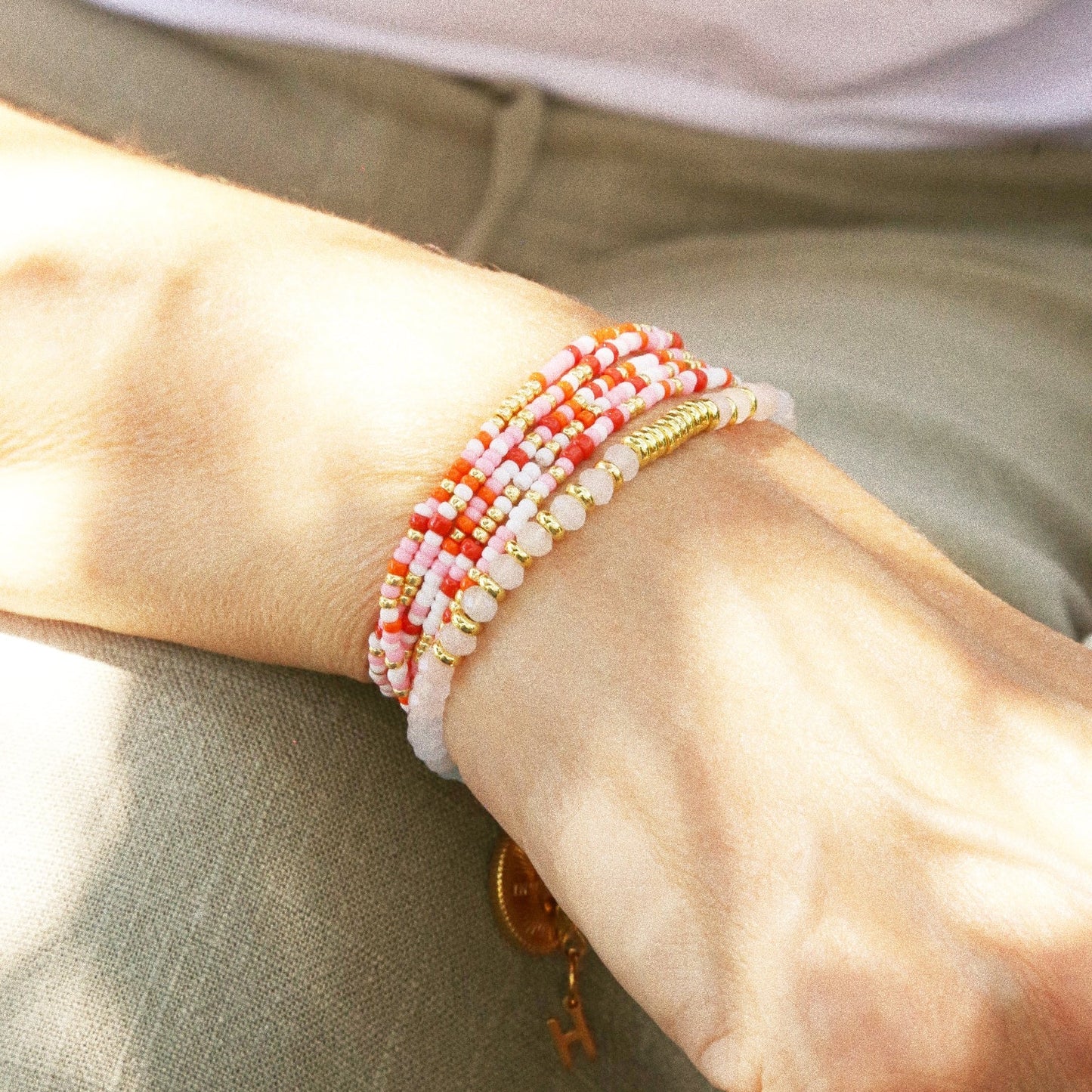 Bracelet 5 tours ou ras de cou "seconde peau" rouge & rose