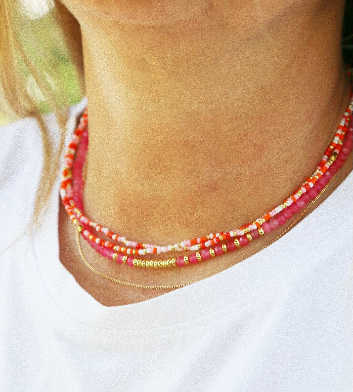 Bracelet 5 tours ou ras de cou "seconde peau" rouge & rose