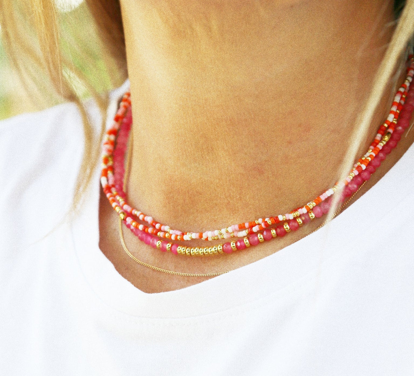 Bracelet 5 tours ou ras de cou "seconde peau" rouge & rose