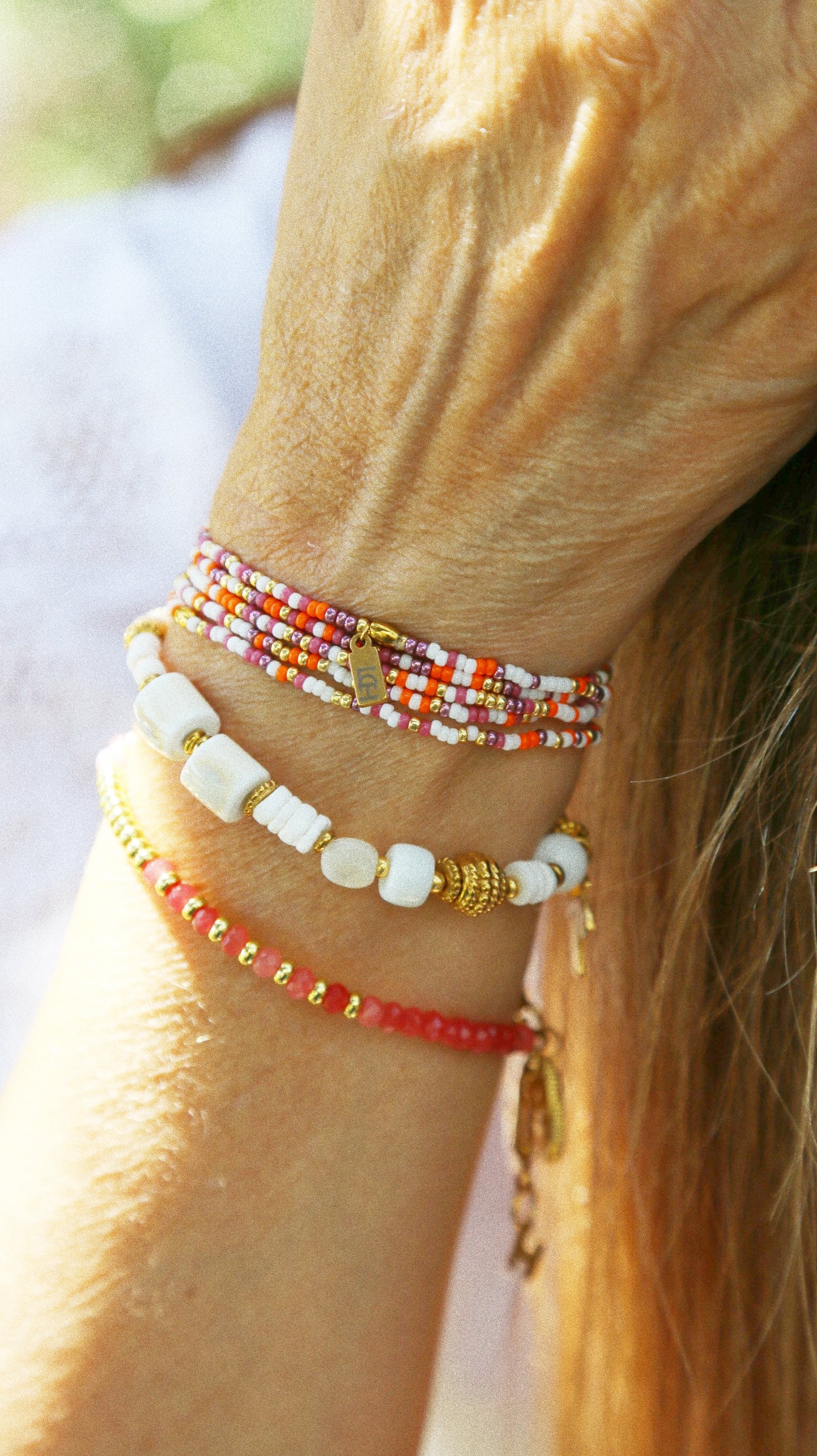 Bracelet 5 tours ou ras de cou "seconde peau" orange & lilas