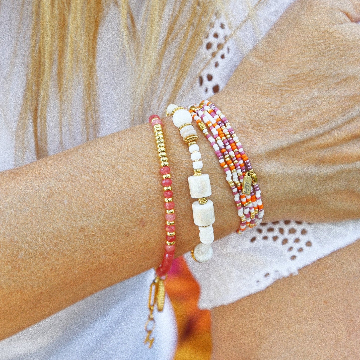 Bracelet 5 tours ou ras de cou "seconde peau" orange & lilas