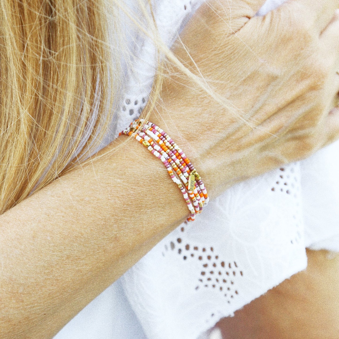 Bracelet 5 tours ou ras de cou "seconde peau" orange & lilas