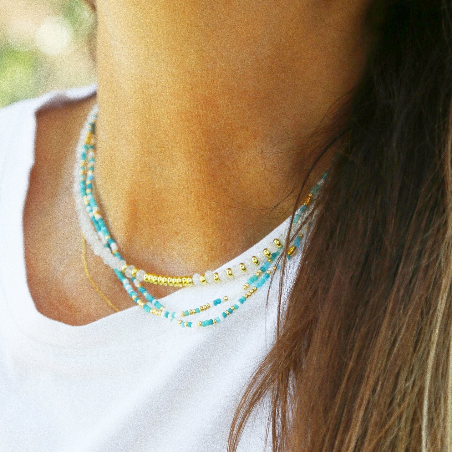 Bracelet 5 tours ou ras de cou "seconde peau" turquoise