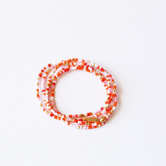 Bracelet 5 tours ou ras de cou "seconde peau" rouge & rose