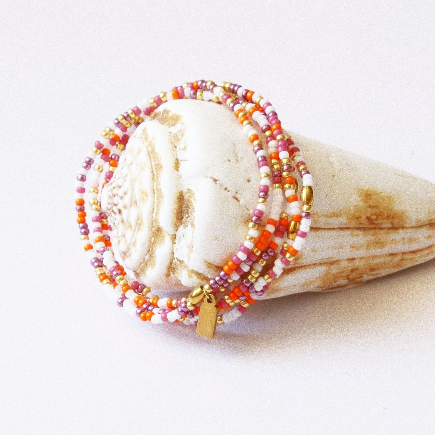 Bracelet 5 tours ou ras de cou "seconde peau" orange & lilas
